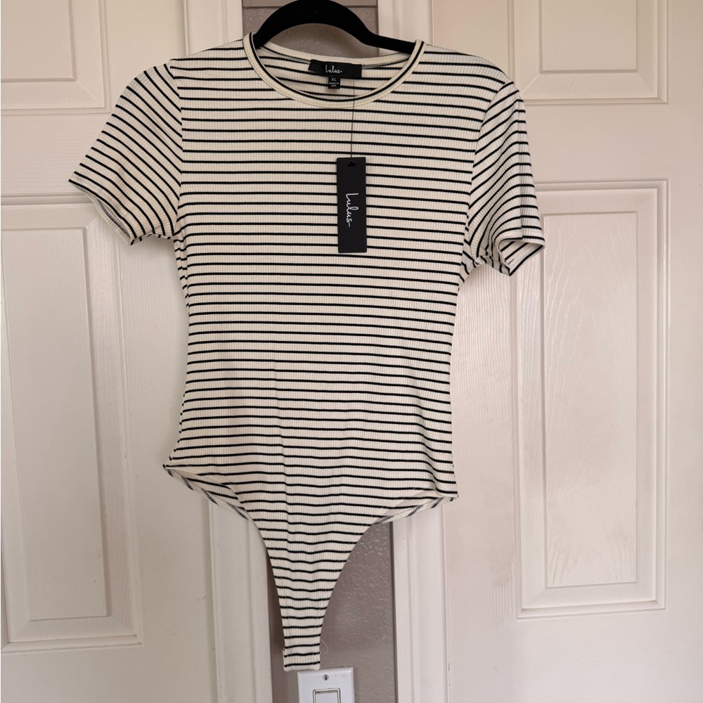 Lulu's Black & White Striped Short Sleeve Ribbed Bodysuit